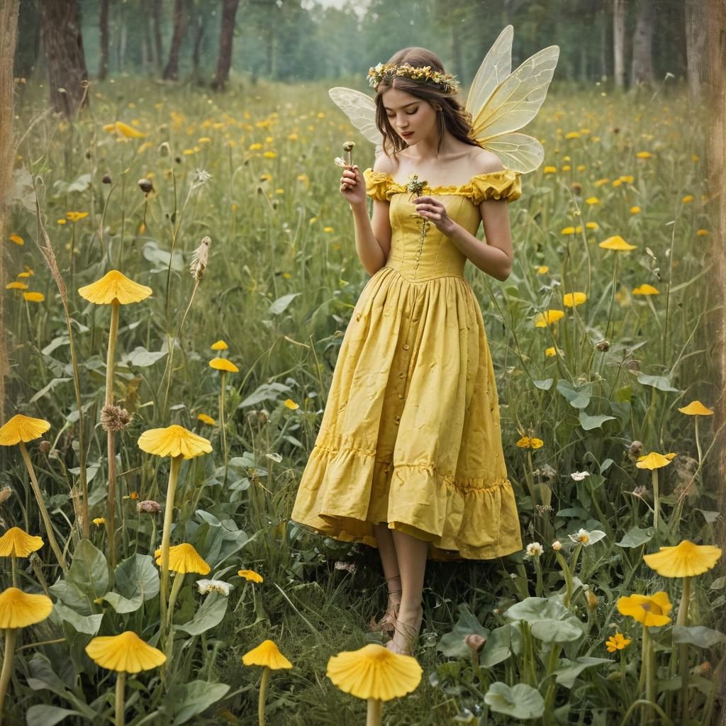 Fairy Gathering Flowers in Impressionistic Meadow