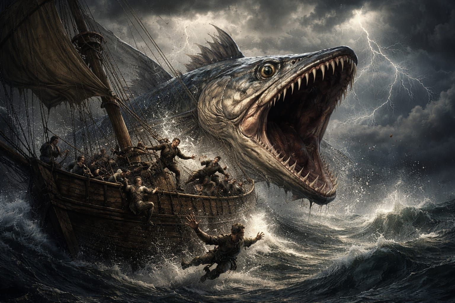Giant Barracuda Devours Ship in Dramatic Dark Fantasy Art
