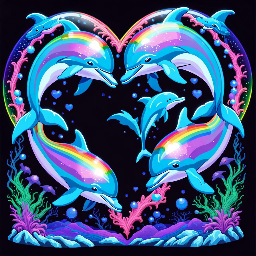 Psychedelic Rainbow Dolphins in Black Light Snowglobe