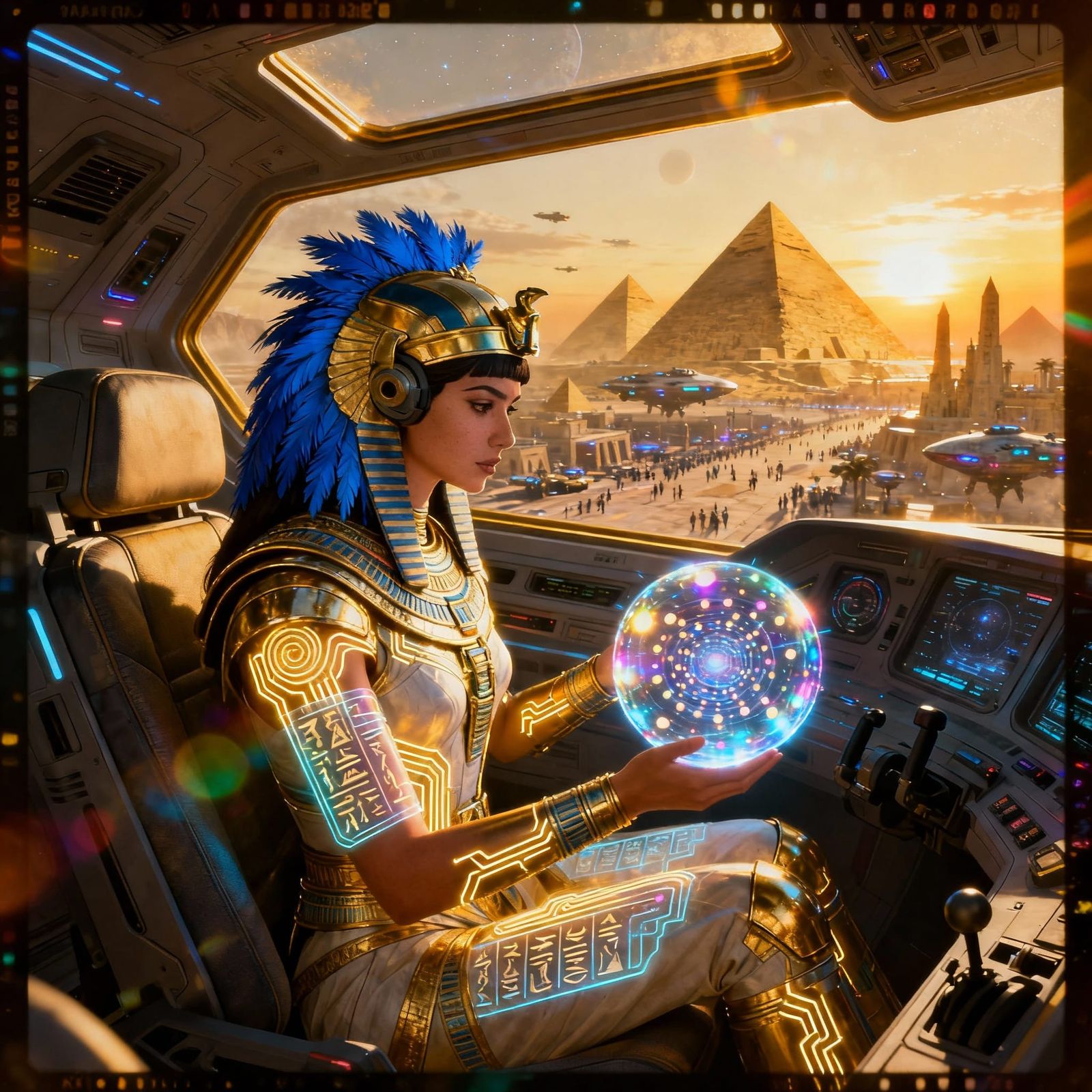 Futuristic Egyptian Pilot in Cyberpunk Space Cockpit