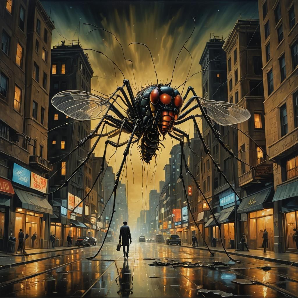 Surreal Gigantic Mosquito in Deserted City Street