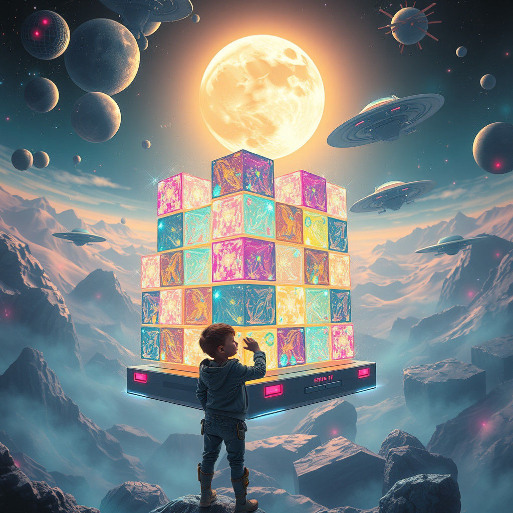 Levitating Cyberpunk Toy Set in Neon Cosmos