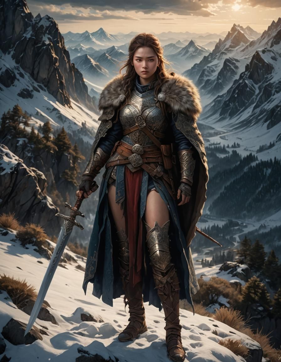 Woman Warrior in Winter Mountain Landscape