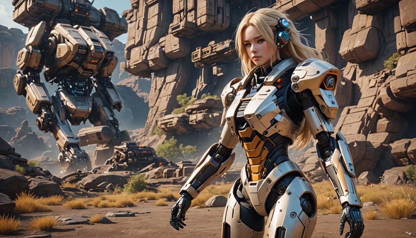 Cyberpunk Girl and Mech in Badlands, 3D Render
