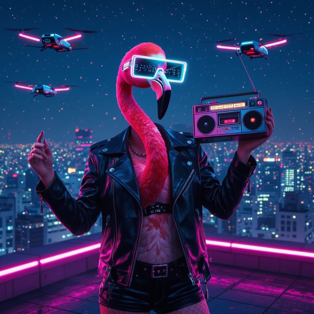 Cyberpunk Flamingo Fashion Model in Neon Tokyo