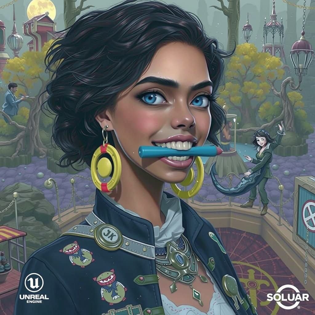 Woman in a Fantastical Realm with a Lipstick Mismatch