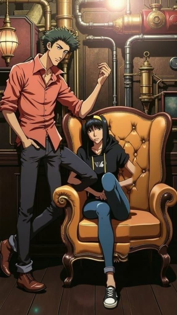 Confident Man and Woman in Steampunk Ballroom