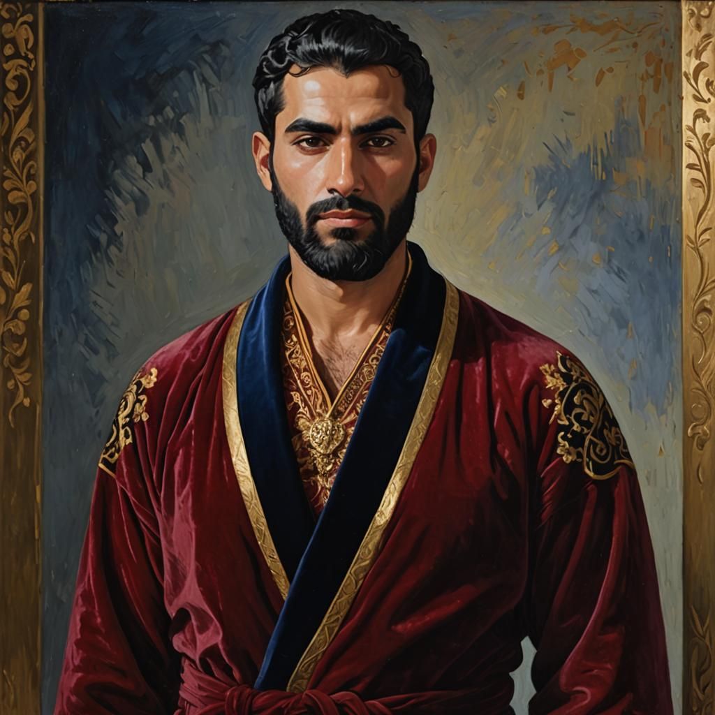 Portrait of Man in Velvet Robe as Impasto Painting