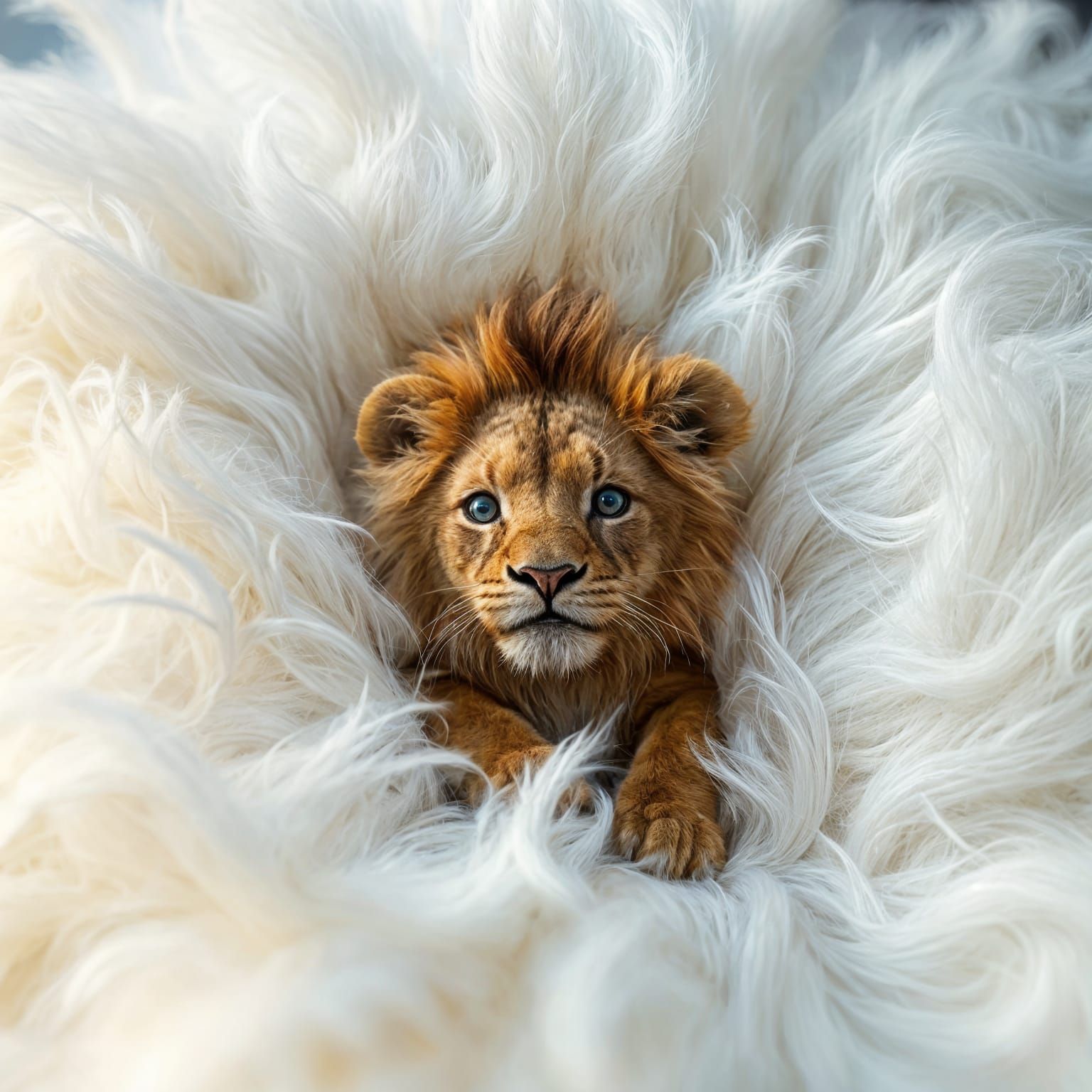 Tiny Lion in White Pillow: Detailed Matte Painting
