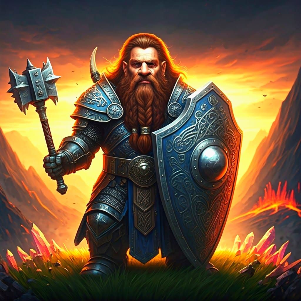 Dwarf Warrior Priest in Blue and Silver Armor