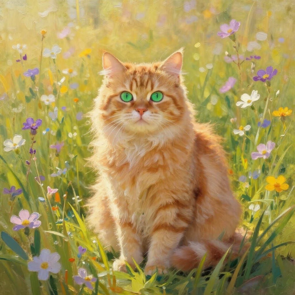 Fluffy Ginger Cat in Sunlit Wildflower Meadow