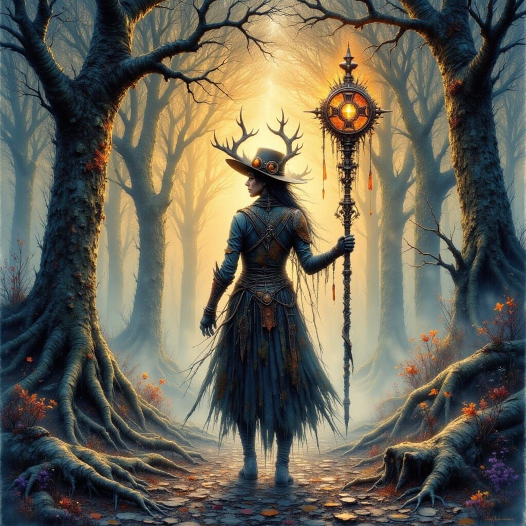 Steampunk Druid in Forest, Alcohol Ink Style