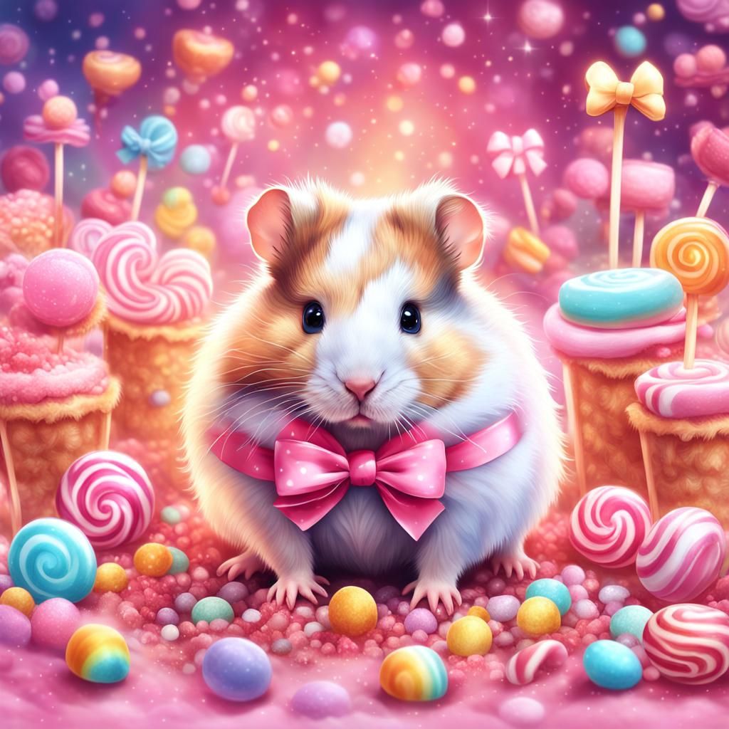 Calico Hamster with Pink Bow in Candy Art