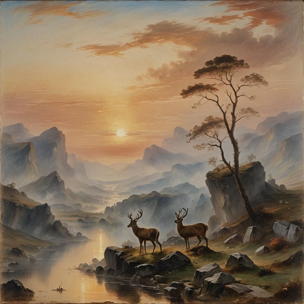 Sunset Landscape with Deer in Oil Paint Style