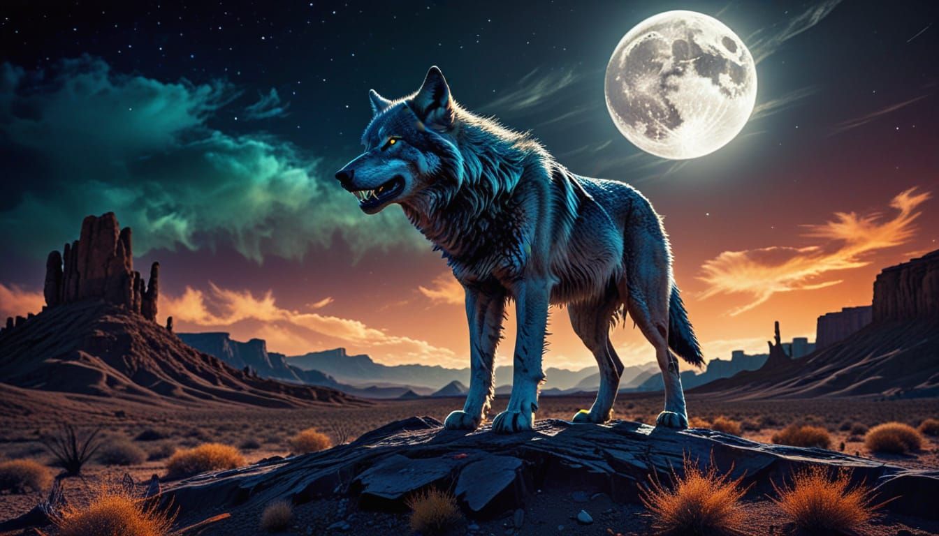 Lone Wolf Howling at Fractured Moon in Acid Ink Style