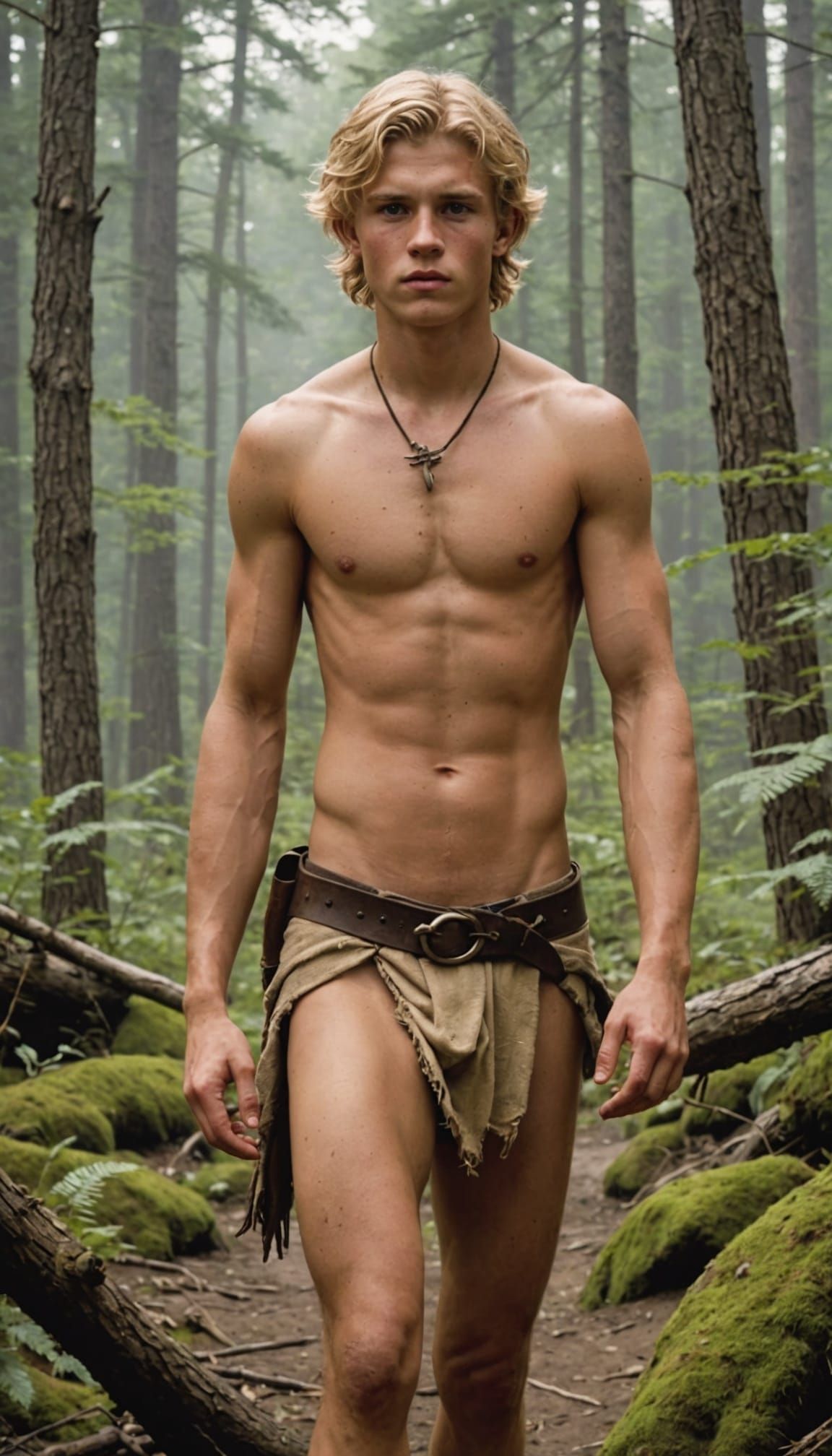 Young Blond Man in Loincloth in Wilderness