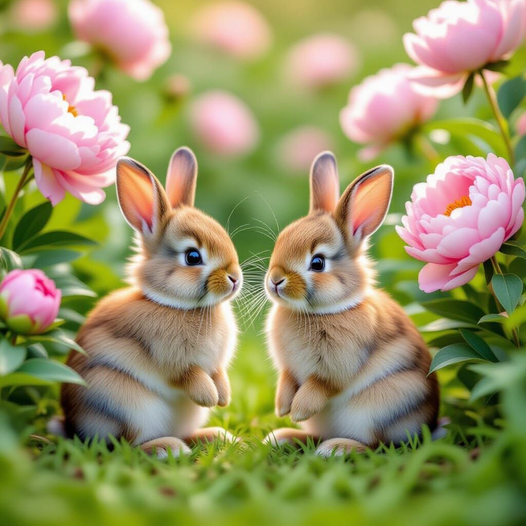 Baby Bunnies in Peony Garden, Whimsical Art Style