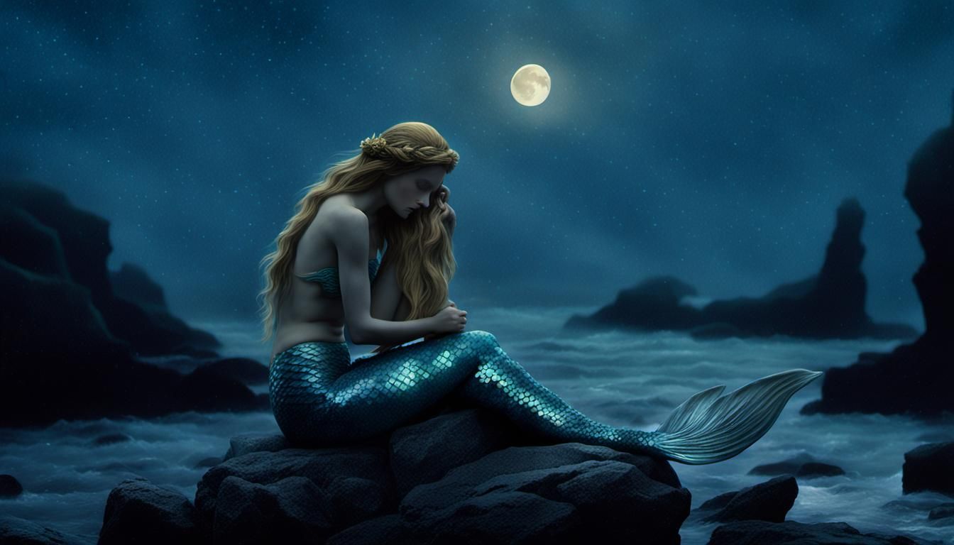 Mystical Mermaid Combing Hair Under Moonlight
