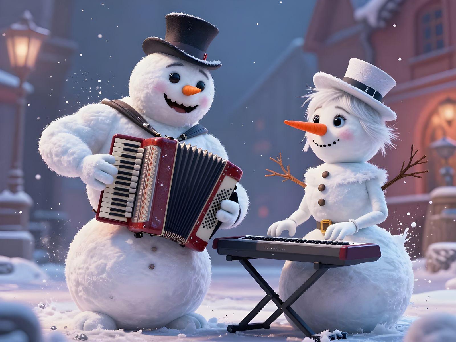 Snowmen Musicians Playing Instruments in Falling Snow