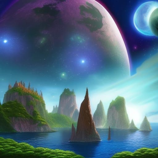 Sci-Fi Zen Garden with Cosmic Sky and Alien Flora