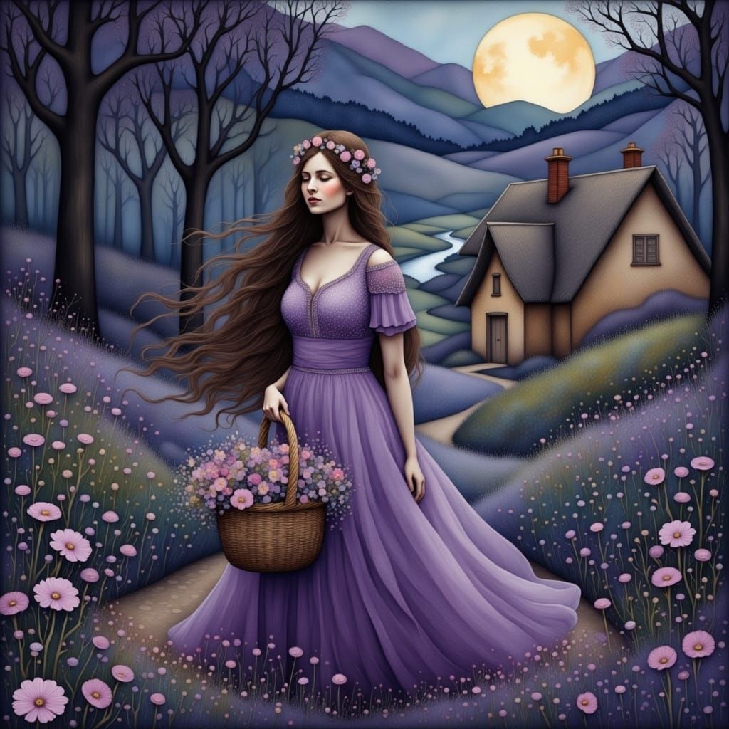 Luminous Maiden in Lavender Gown on Moonlit Path