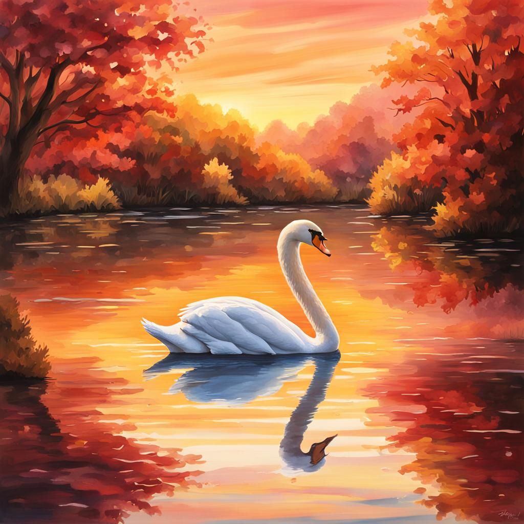 Swan in Sunset: Impressionistic Watercolor Painting