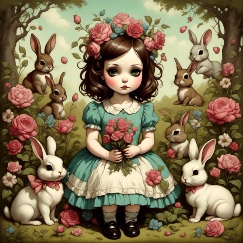 Bunnies in Secret Flower Garden, Pop Surrealism