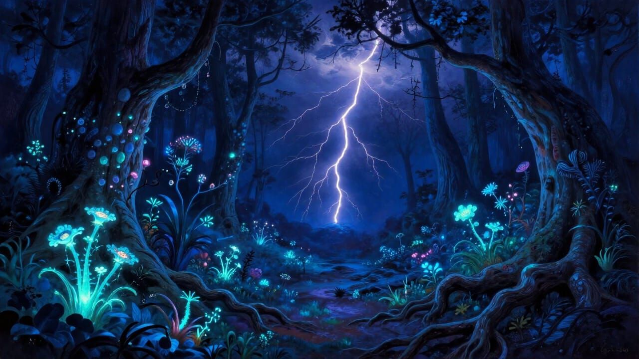 Bioluminescent Forest Illuminated by Lightning in Surreal St...