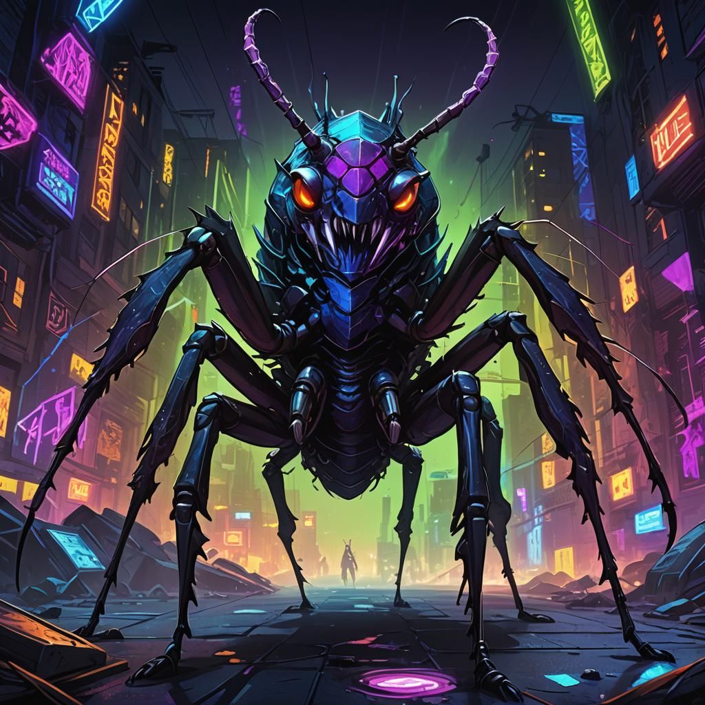 Doomsday Ant with Neon Patterns in Dark Fantasy