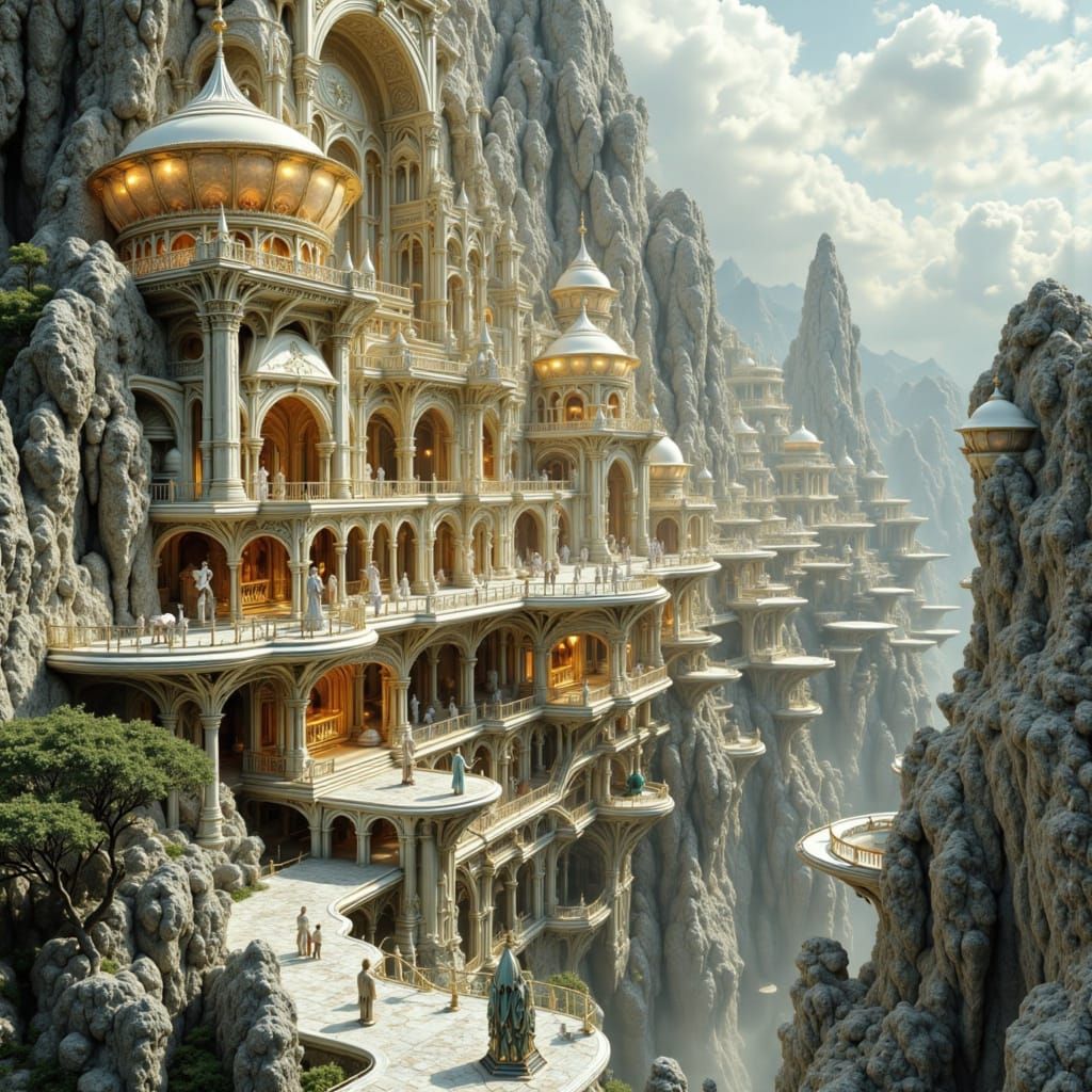 Majestic Mountain Temple City in Marble and Gold
