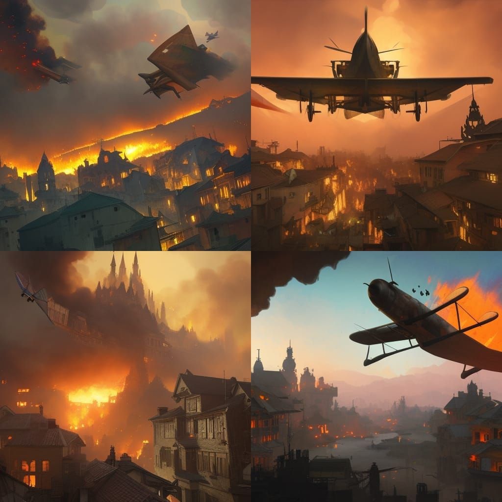 Vintage Plane Flies Over Burning Village: Art Nouveau Style
