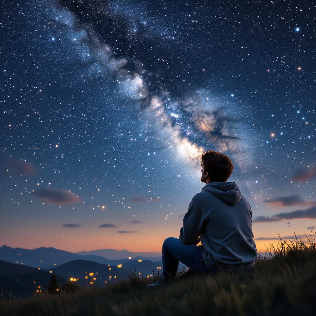 Man Gazing at Starry Sky in Photorealistic Style
