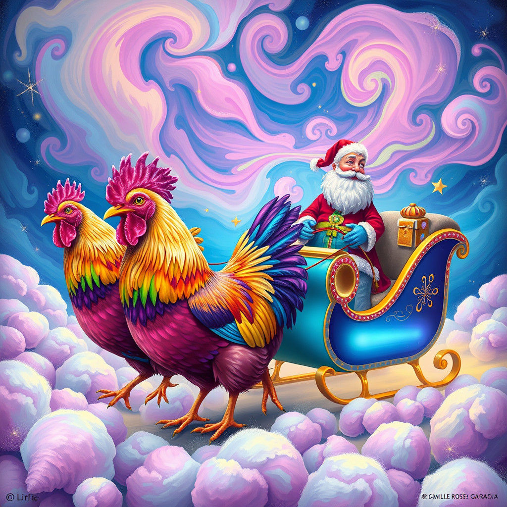 Psychedelic Chickens Pulling Santa's Sleigh: Pop-Art Surreal...