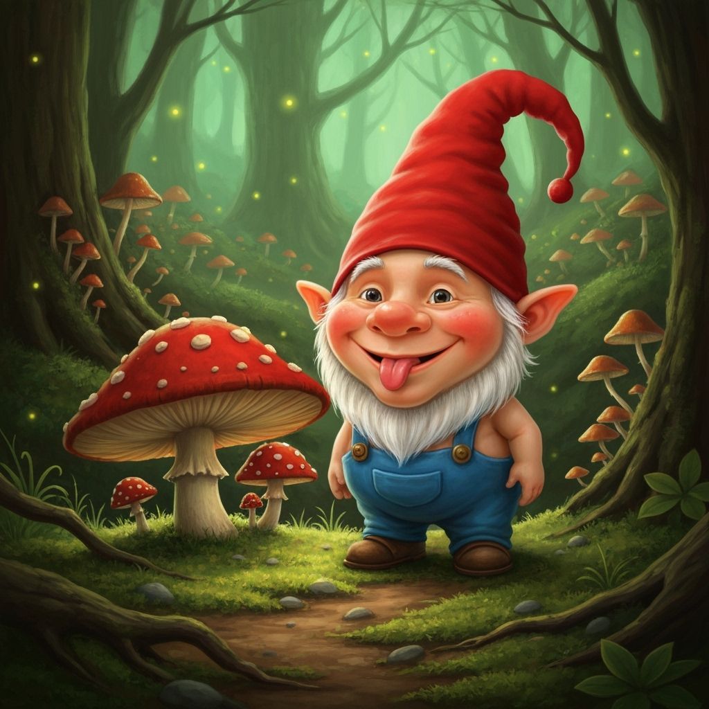 Sweet Gnome Sticking Tongue Out in Whimsical Forest