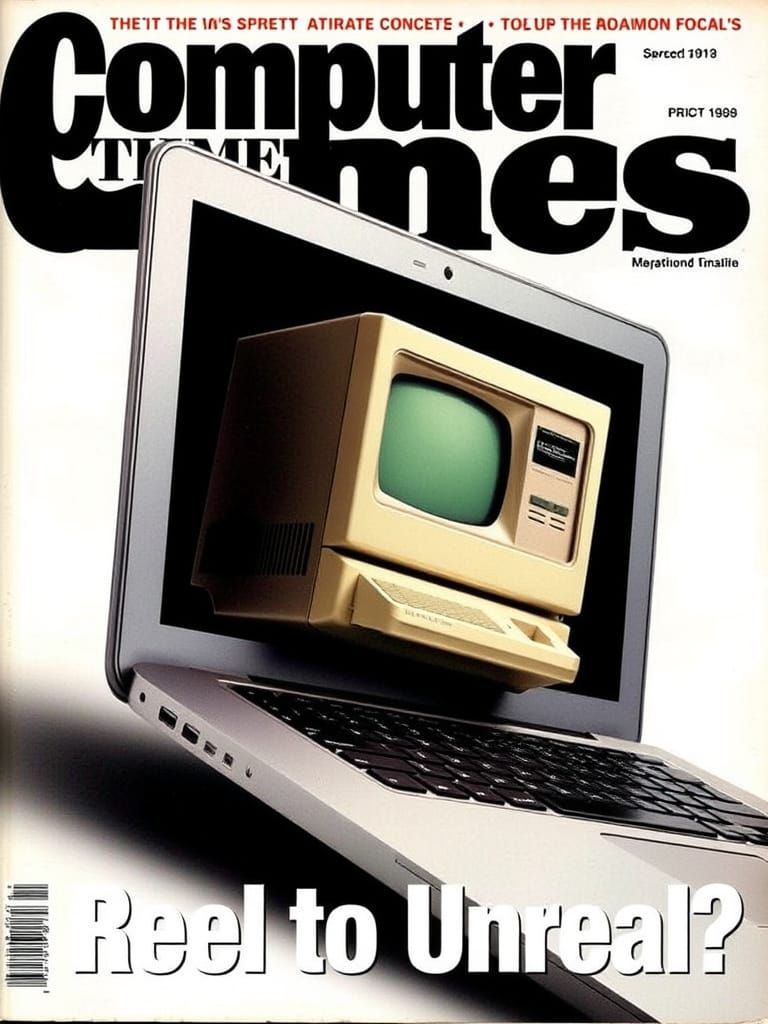 Magazine cover showing a 1960s computer inside a modern lapt...