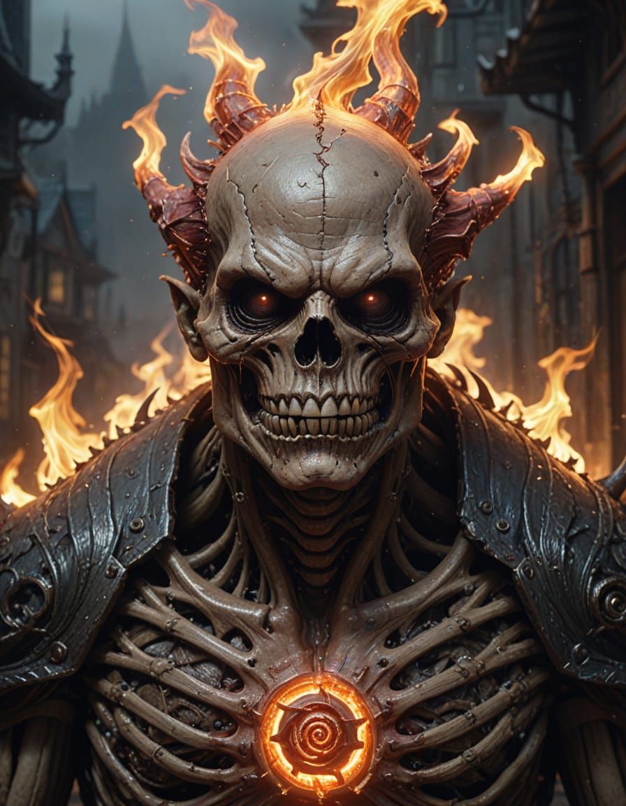 Surreal Ogre Skeleton Warrior Harnesses Fire Elemental Power
