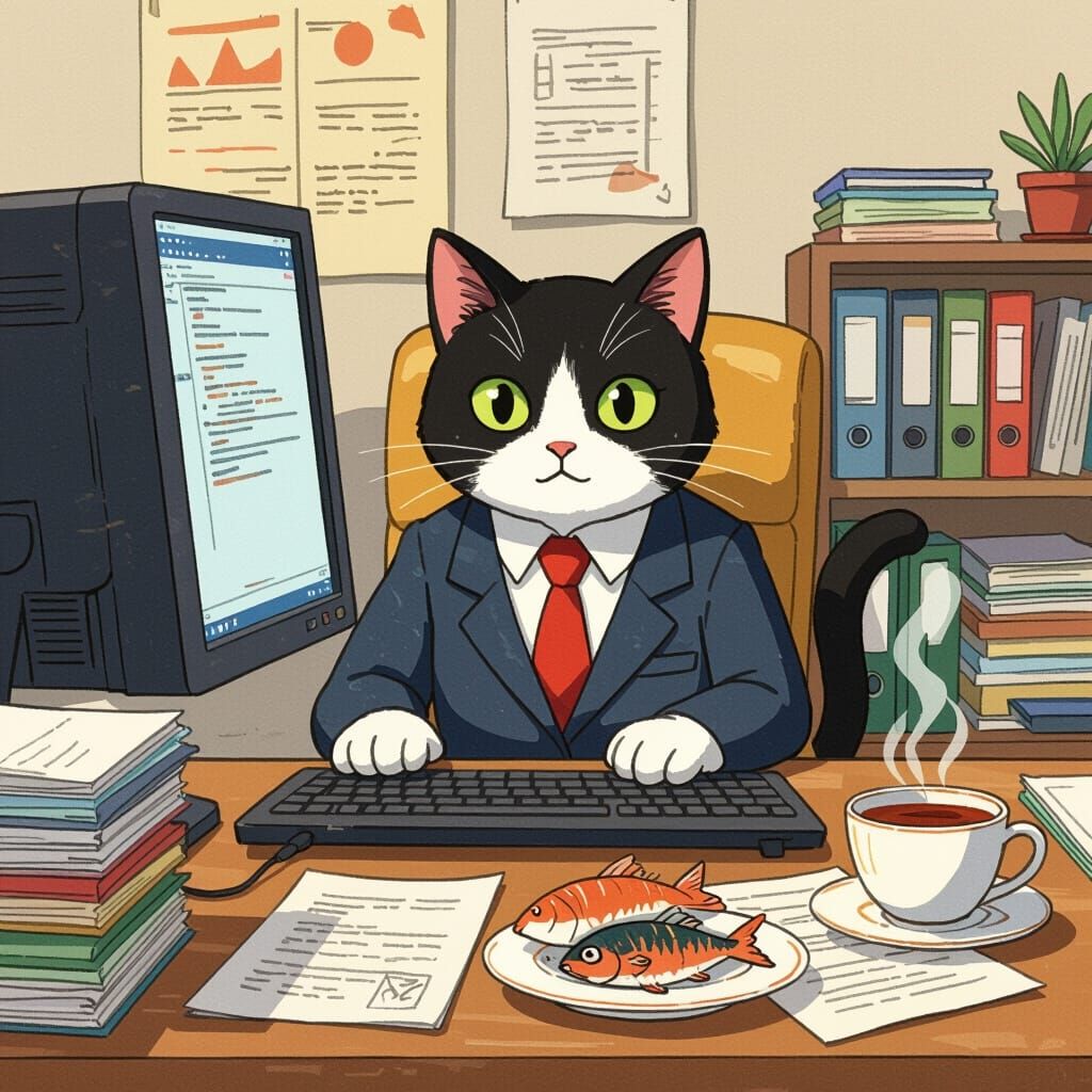 Cat Businessman at Office Desk in Digital Art Style