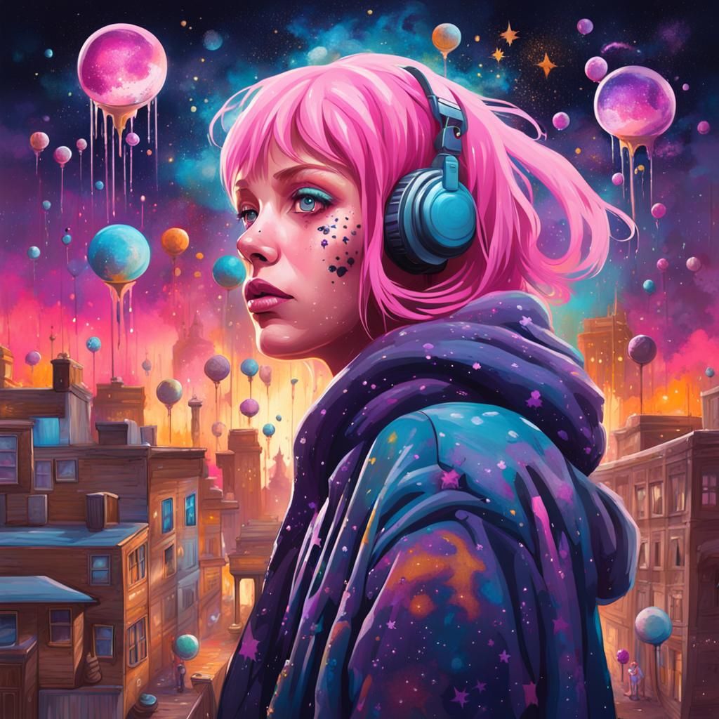 Pink-Haired Woman Watching Stars in Graffiti Art
