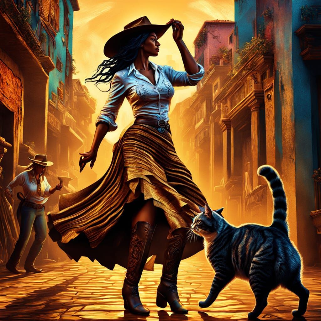 Cowgirl Dancing Rumba With Cat in Folk Art Style
