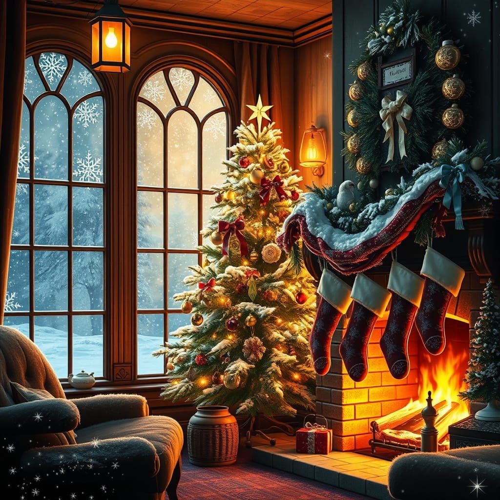 Nostalgic 1940s Christmas Scene with Golden Lantern Light