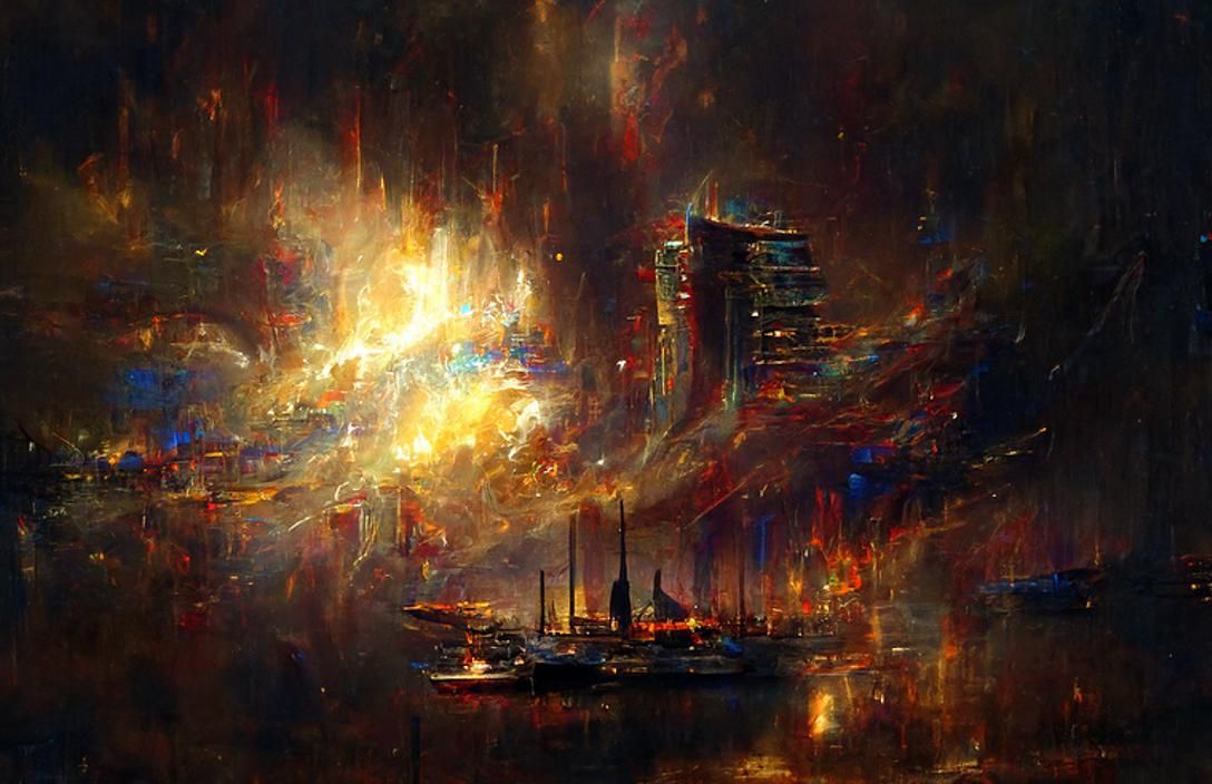 Burning Ship at Night with Solar Flares