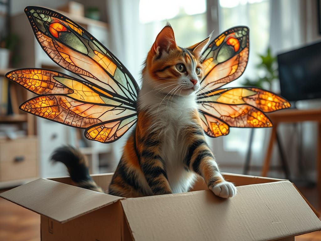 Calico Cat with Mechanical Wings in Maximalist Style
