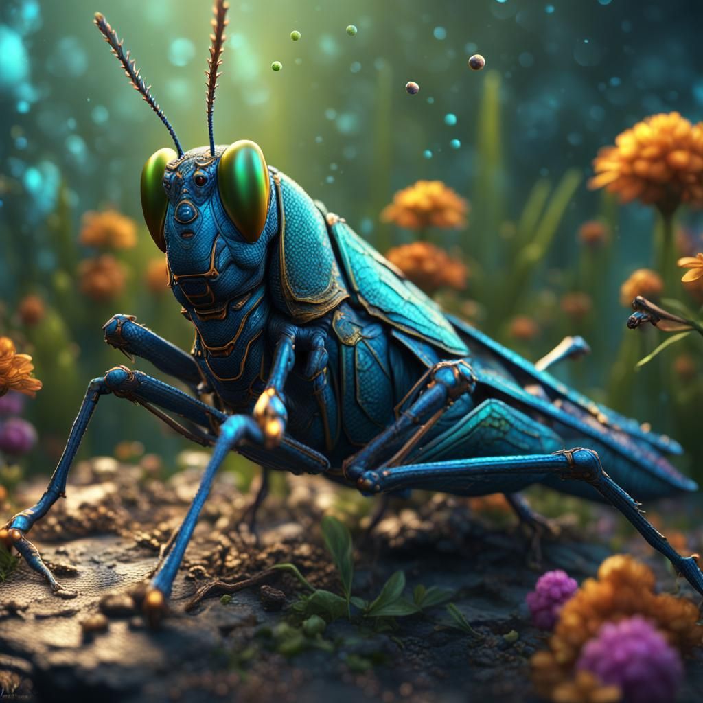 Blue Jeweled Grasshopper Macro: Detailed Fantasy Art