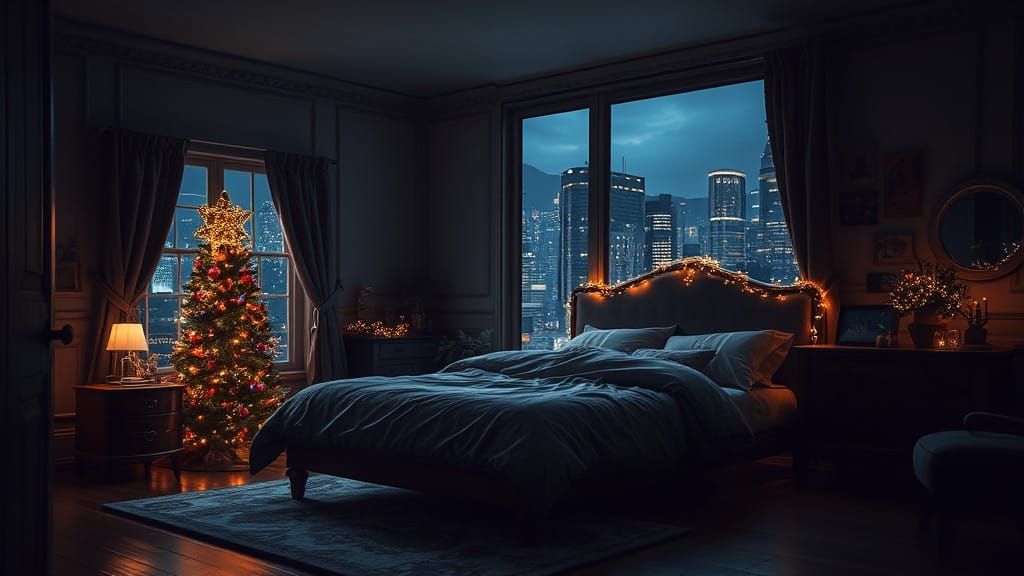 Christmas Cityscape Hides Under Bed, in a Dark Bedroom Scene