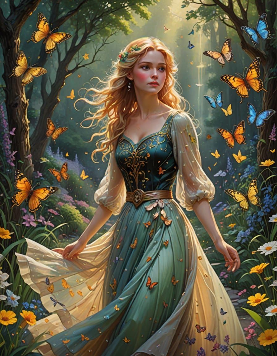 Ethereal Woman Dances in Whimsical Floral Wonderland