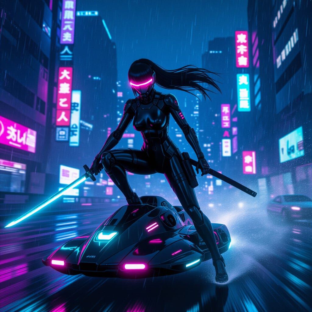 Cyberpunk Cyborg Ninja Races Through Neon City