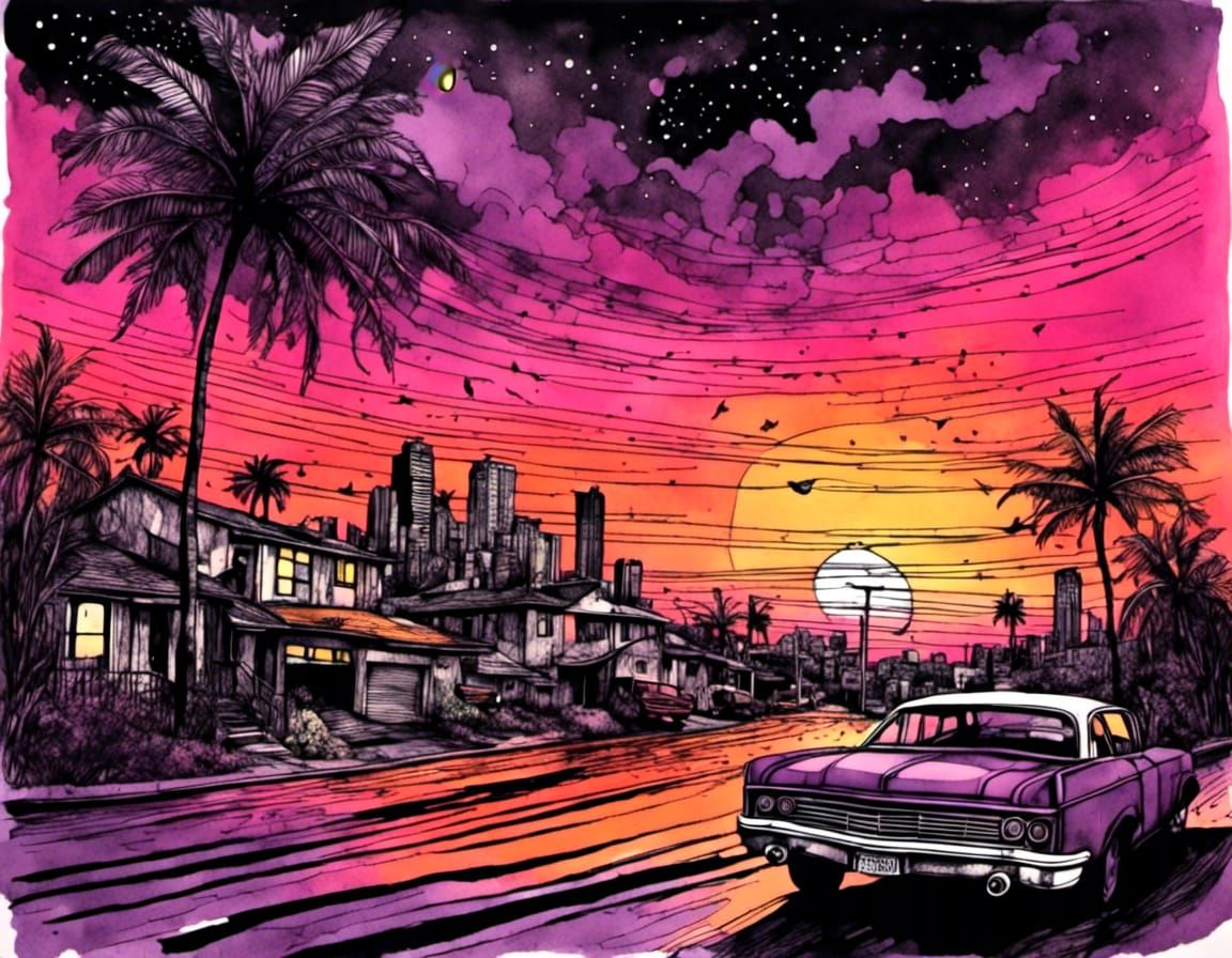 Surreal Purple Sunset Grand Theft Auto Sketch