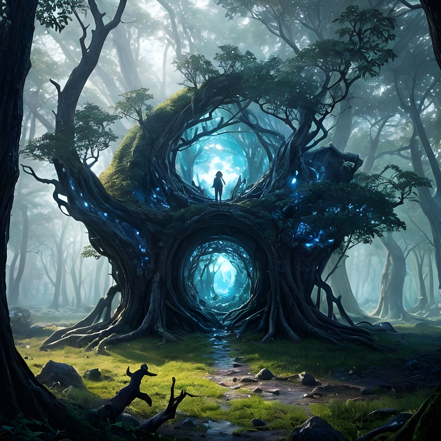 Hyperrealistic Portal in an Ancient Tree