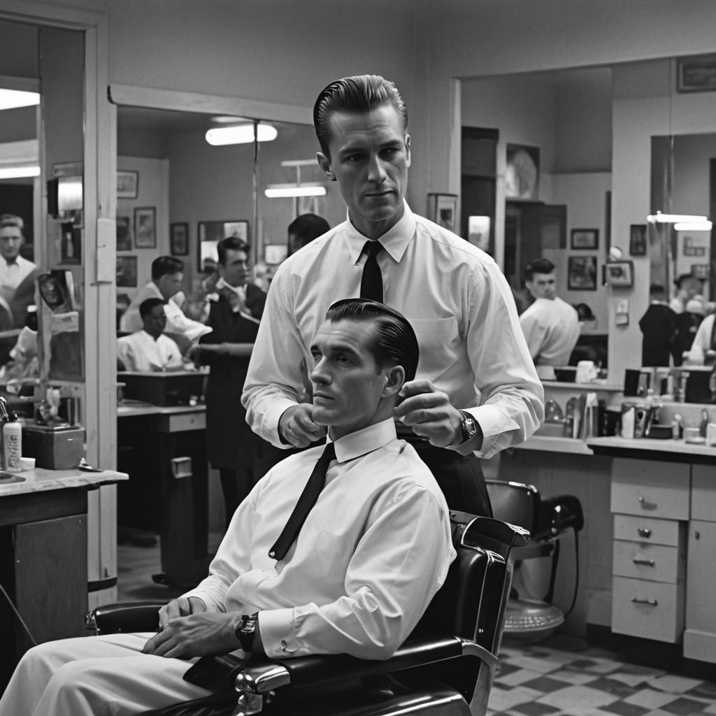 1950s Barbershop Scene in Film Noir Style