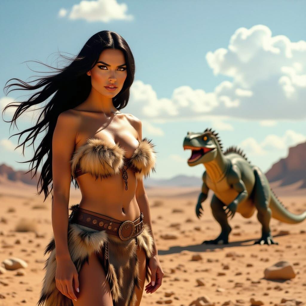 Confident Cavewoman and Allosaurus in Retro Style